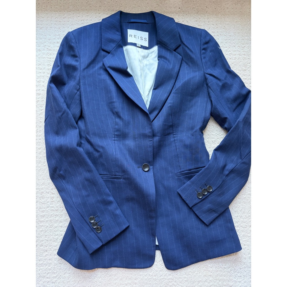 Reiss Samuel Blazer Size 4 Navy Blue Pinstripe Wool Blend Office Siren Preppy
